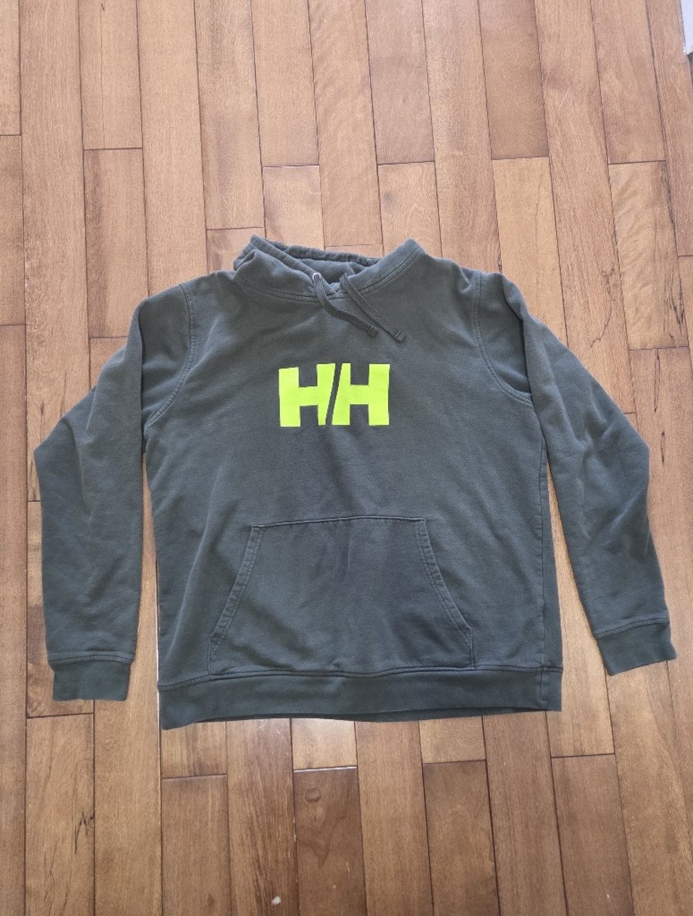 Helly Hansen Olive Green Hoodie with Neon Logo Size XL